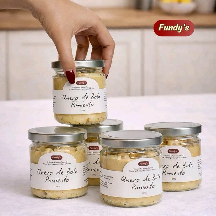 Stack of Fundy's Quezo de Bola Spread jars on a table, with a hand lifting the top jar (Reseller's Package, 24 jars)